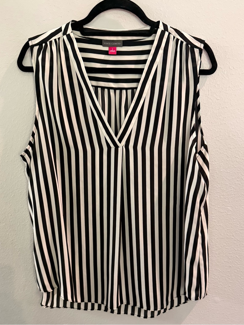 Vince Camuto Black and White Vertical Stripe V-Neck Sleeveless Top